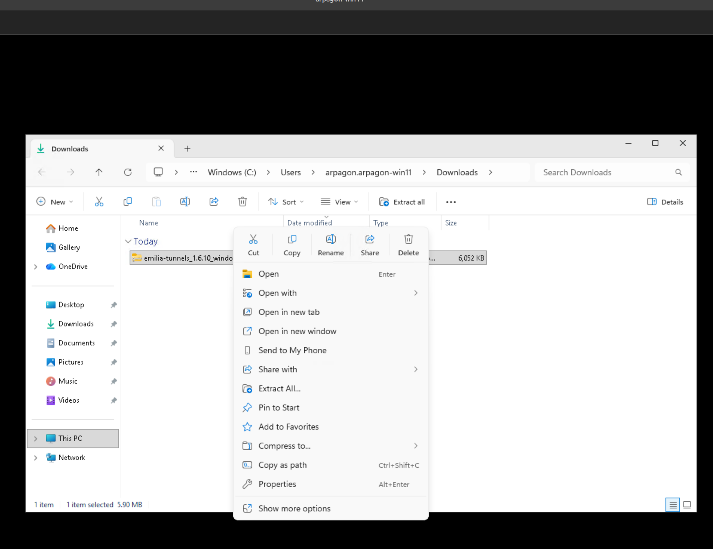Explorador de archivos de Windows mostrando la opción Extract All para el zip de Emilia Tunnels