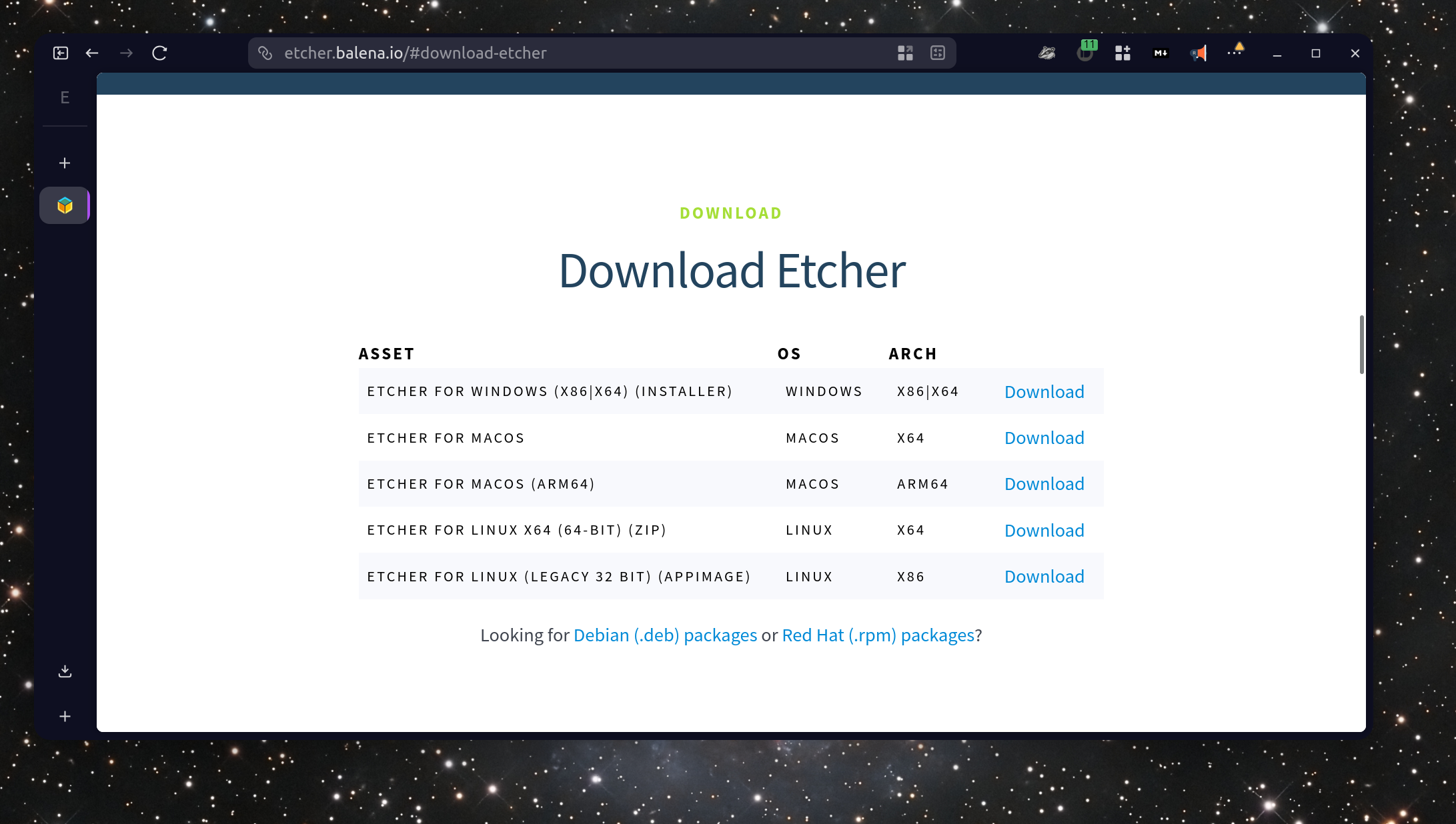 Balena Etcher download page showing the download buttons for Windows, macOS, and Linux