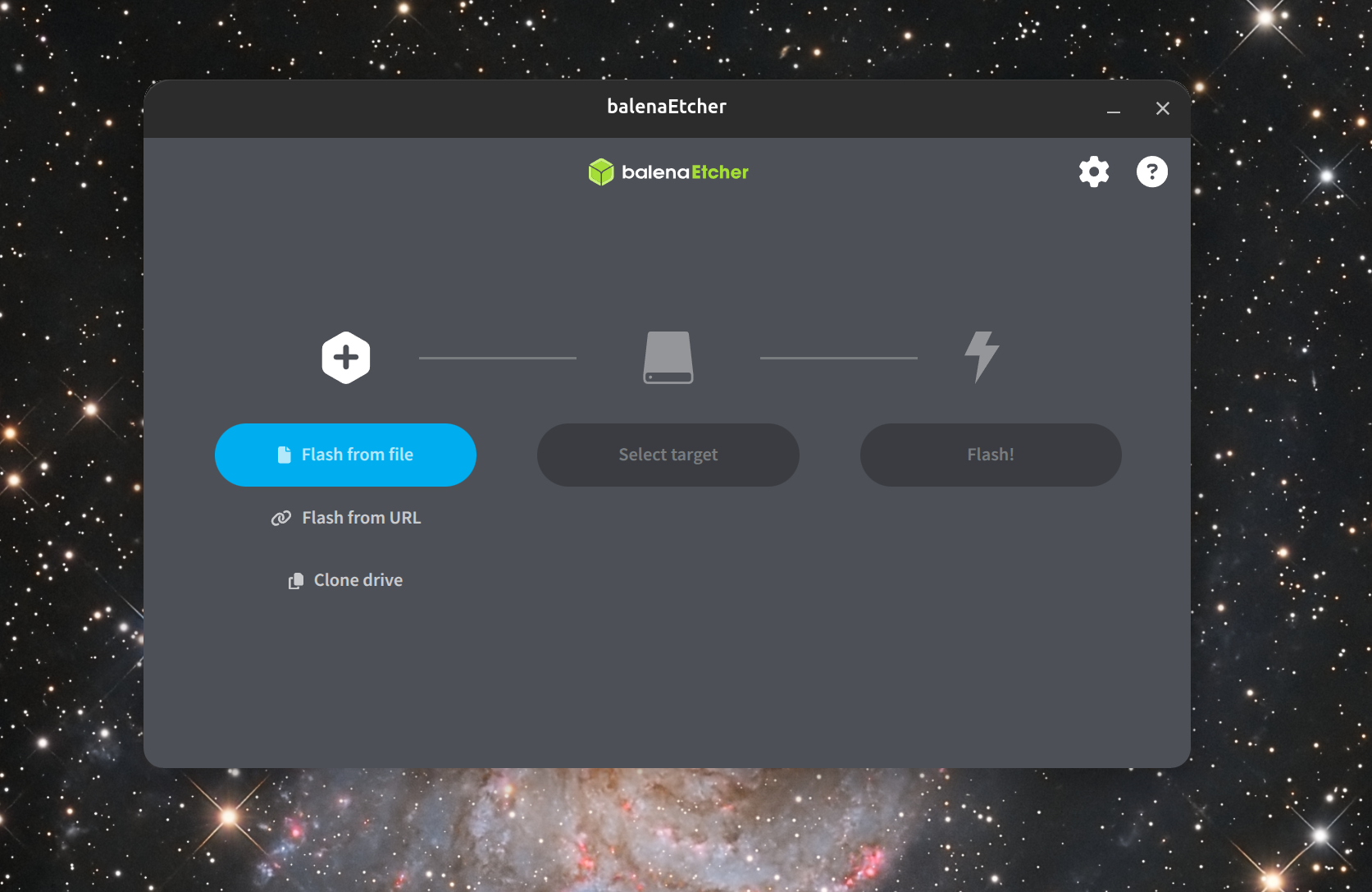 Balena Etcher main screen with the "Flash from file" button highlighted