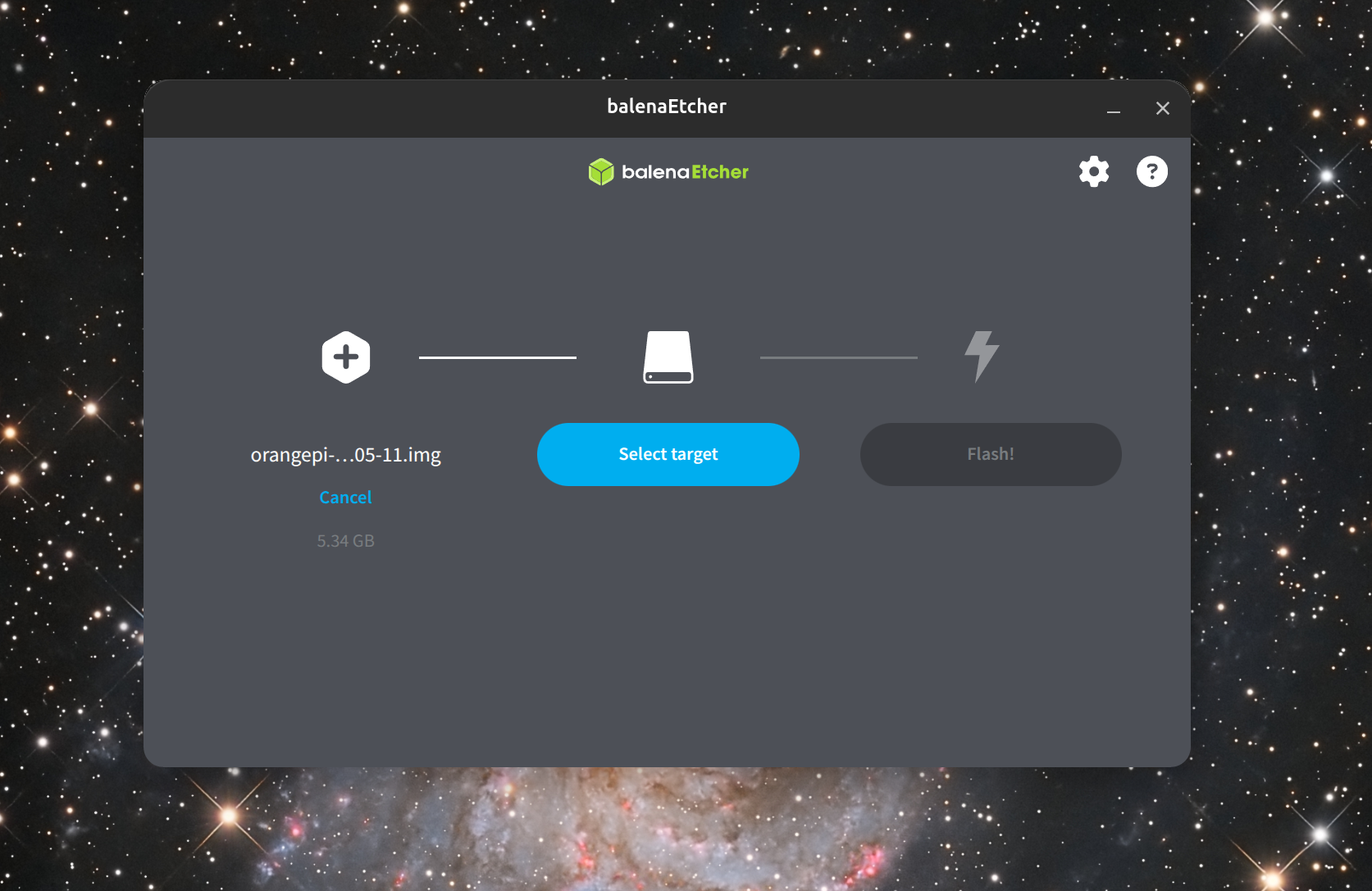 Balena Etcher with the provisioning image file selected and "Select target" highlighted
