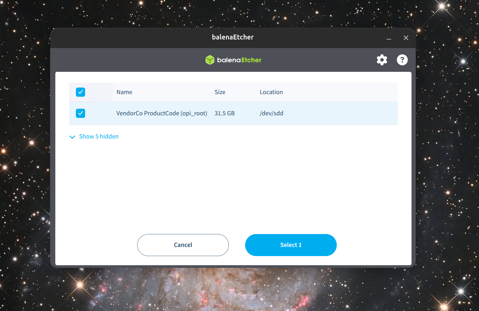 Balena Etcher target selection dialog showing the USB drive selected