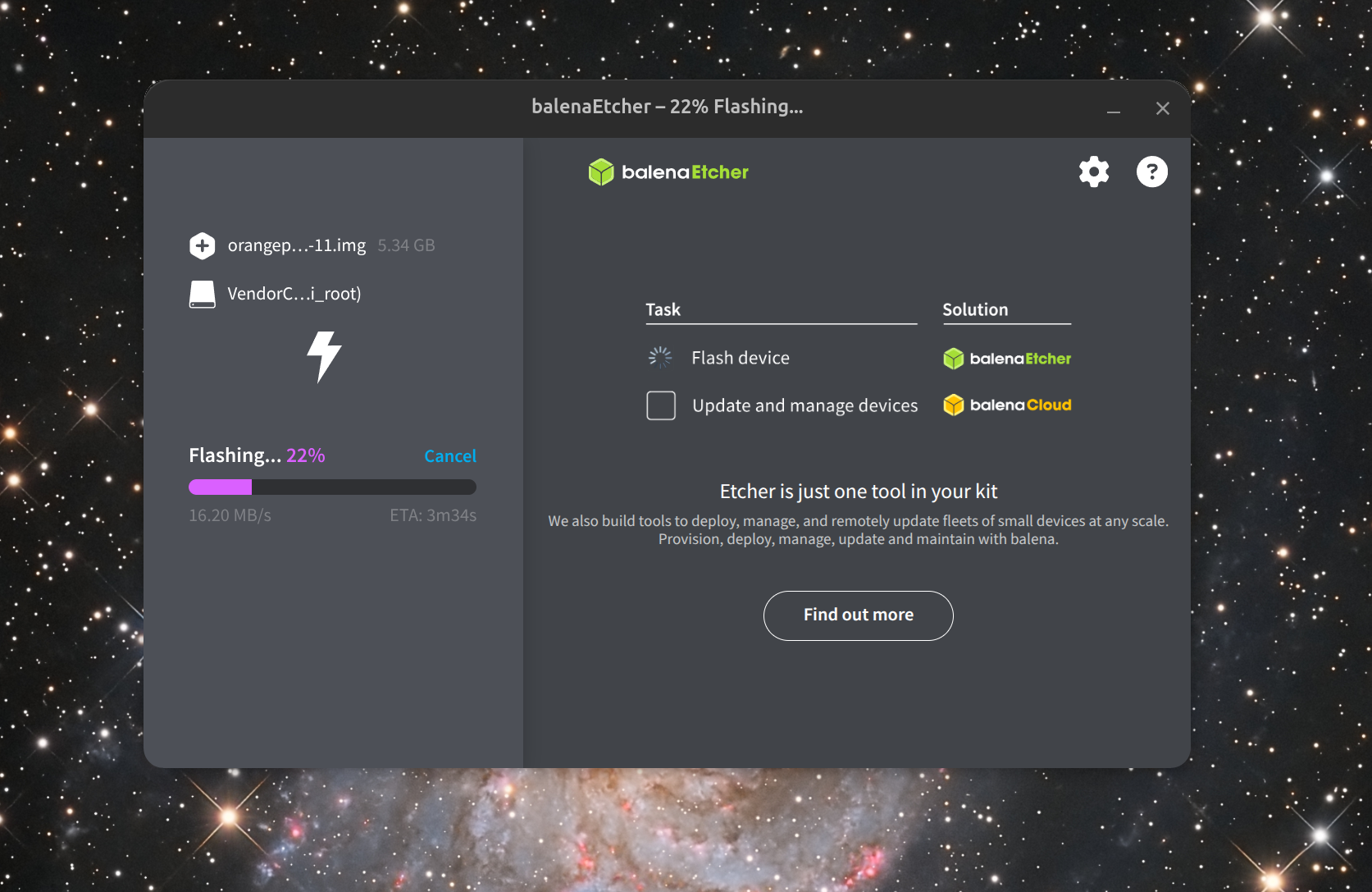 Balena Etcher flashing in progress at 22% with progress bar