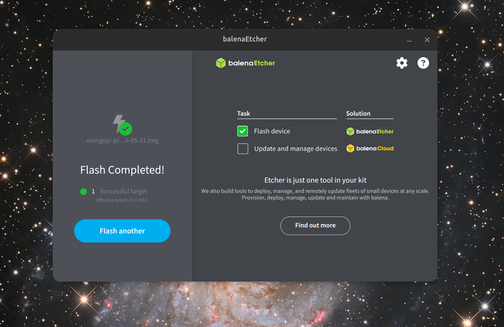 Balena Etcher showing "Flash Completed!" success message with green checkmark