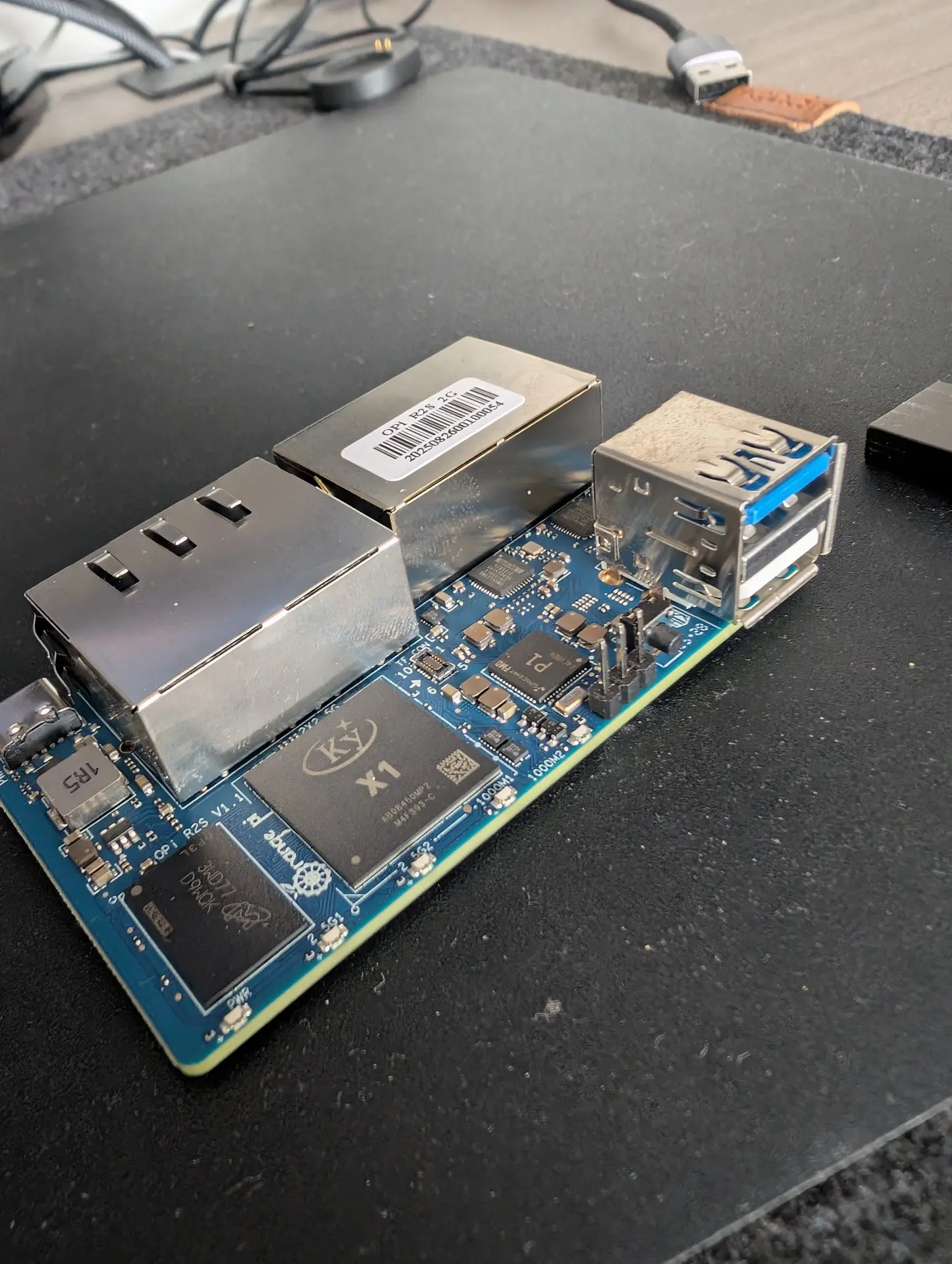 Orange Pi R2S board overview showing the blue USB 3.0 port, Ethernet ports, and USB-C power connector
